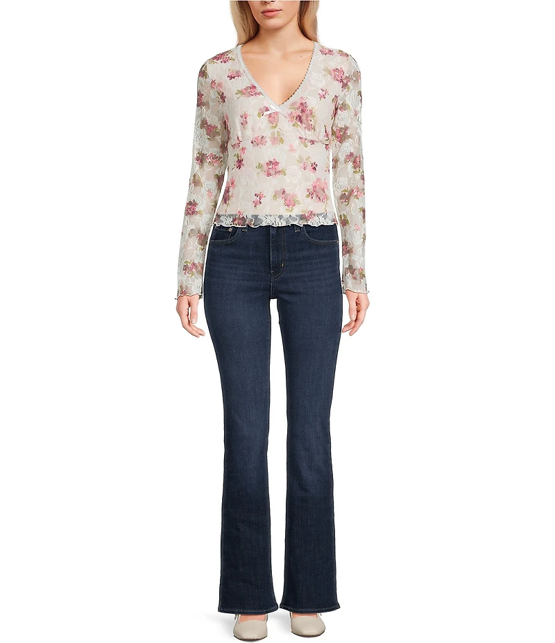 I.N. San Francisco Floral Print V-Neck Long Flare Sleeve Top