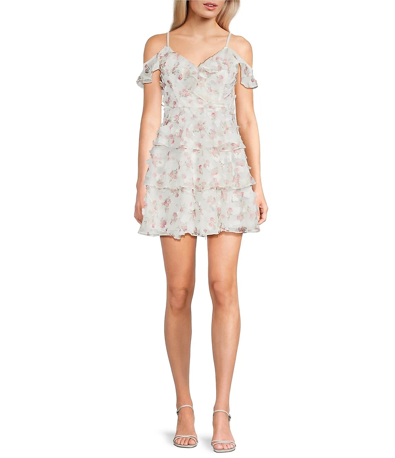 I.N. San Francisco Floral Printed Chiffon Applique Off The Shoulder Tiered Ruffle Dress