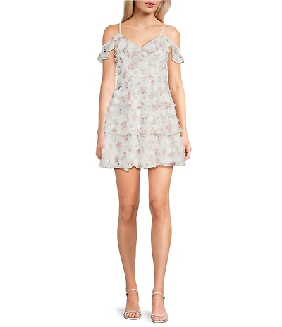 I.N. San Francisco Floral Printed Chiffon Applique Off The Shoulder Tiered Ruffle Dress