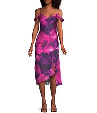 I.N. San Francisco Floral Printed Cold Shoulder Cowl Neck Front Slit Midi Slip Dress