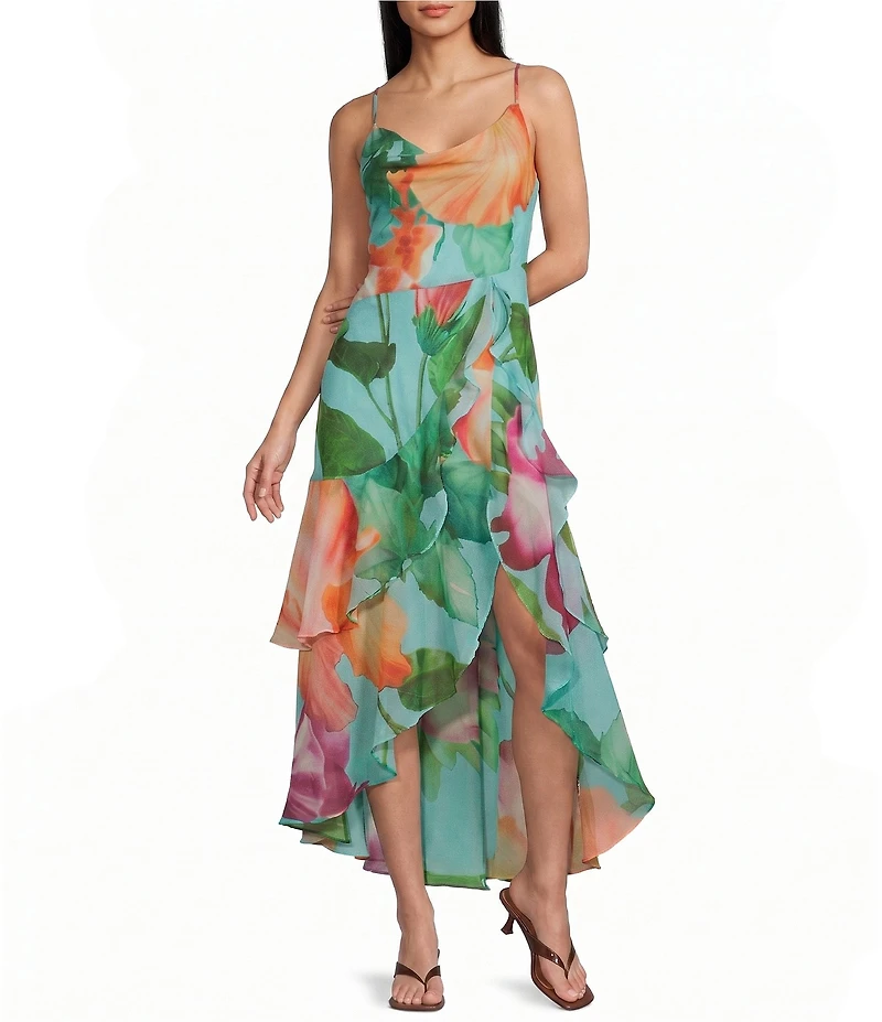 I.N. San Francisco Floral Printed Cowl Neck Asymmetrical Ruffle Hem Midi Dress
