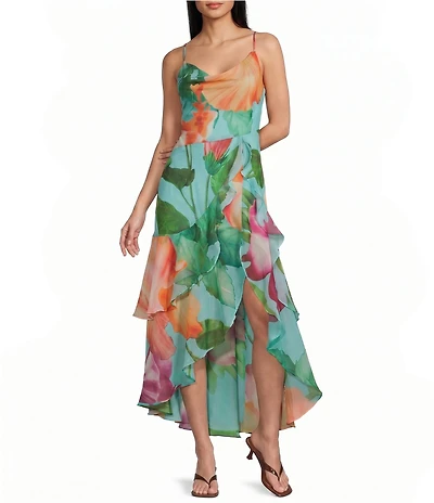 I.N. San Francisco Floral Printed Cowl Neck Asymmetrical Ruffle Hem Midi Dress