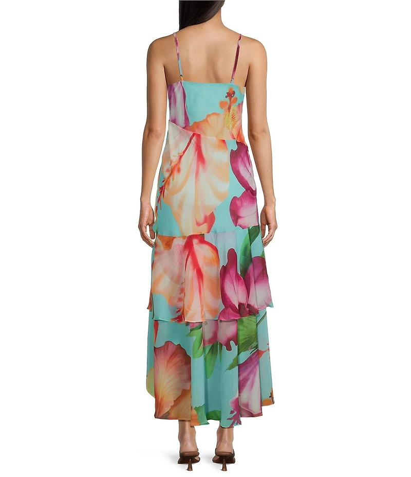I.N. San Francisco Floral Printed Cowl Neck Asymmetrical Ruffle Hem Midi Dress