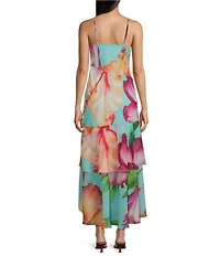 I.N. San Francisco Floral Printed Cowl Neck Asymmetrical Ruffle Hem Midi Dress