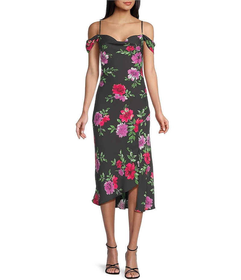 I.N. San Francisco Floral Printed Cowl Neck Cold Shoulder Asymmetrical Hem Front Slit Midi Dress