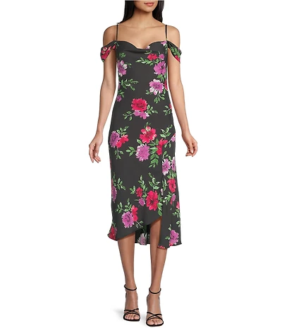I.N. San Francisco Floral Printed Cowl Neck Cold Shoulder Asymmetrical Hem Front Slit Midi Dress