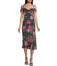 I.N. San Francisco Floral Printed Cowl Neck Cold Shoulder Asymmetrical Hem Front Slit Midi Dress