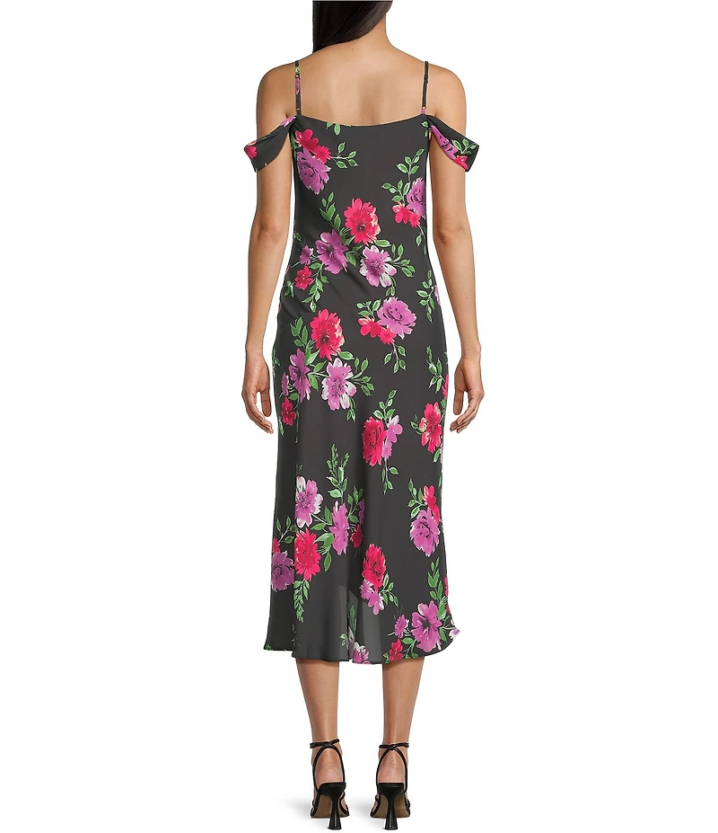 I.N. San Francisco Floral Printed Cowl Neck Cold Shoulder Asymmetrical Hem Front Slit Midi Dress
