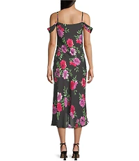 I.N. San Francisco Floral Printed Cowl Neck Cold Shoulder Asymmetrical Hem Front Slit Midi Dress