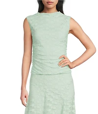 I.N. San Francisco Floral Printed Mesh Lace Mock Neck Shirred Side Top