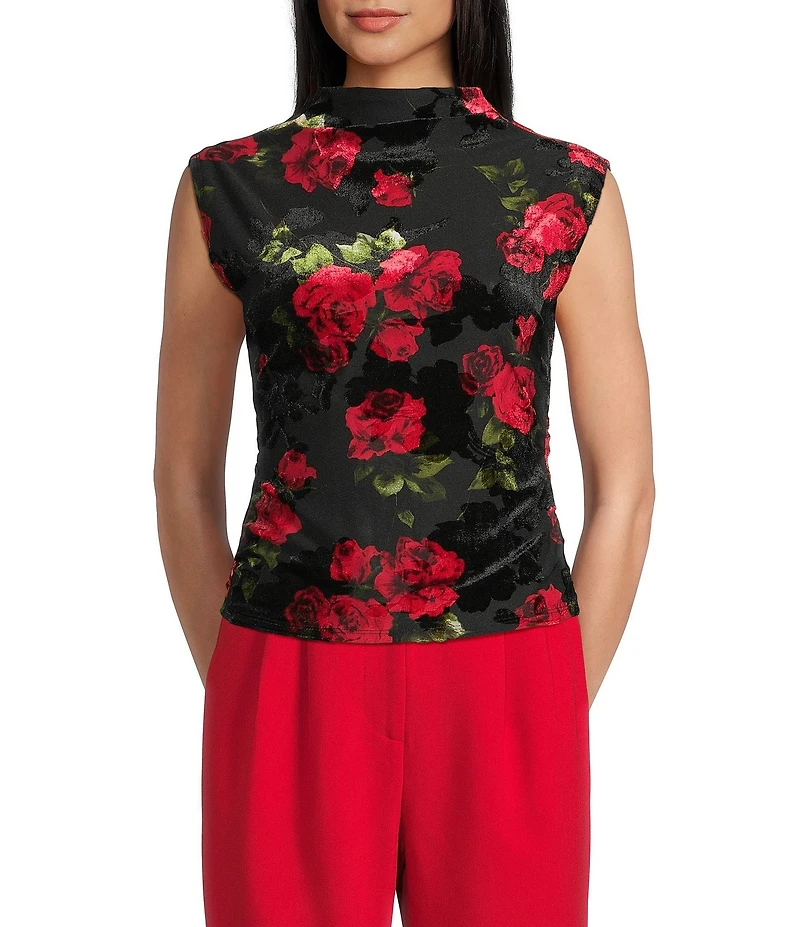 I.N. San Francisco Floral Printed Mock Neck Side Ruched Top