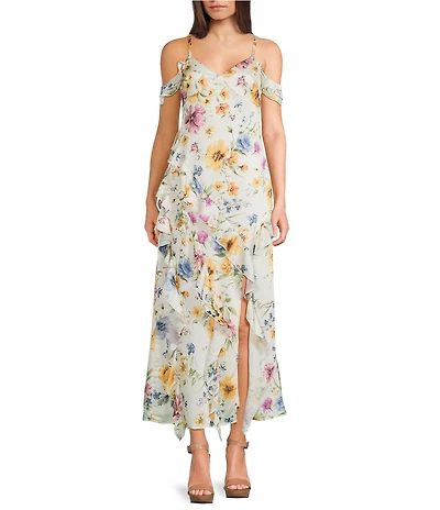 I.N. San Francisco Floral Printed Off The Shoulder Ruffled Side Slit Dress