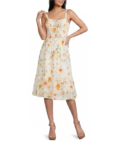 I.N. San Francisco Floral Printed Sweetheart Neck Corseted Midi Dress