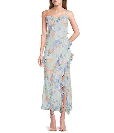 I.N. San Francisco Floral Printed V-Neck Ruffled Maxi Slip Dress