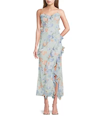 I.N. San Francisco Floral Printed V-Neck Ruffled Maxi Slip Dress