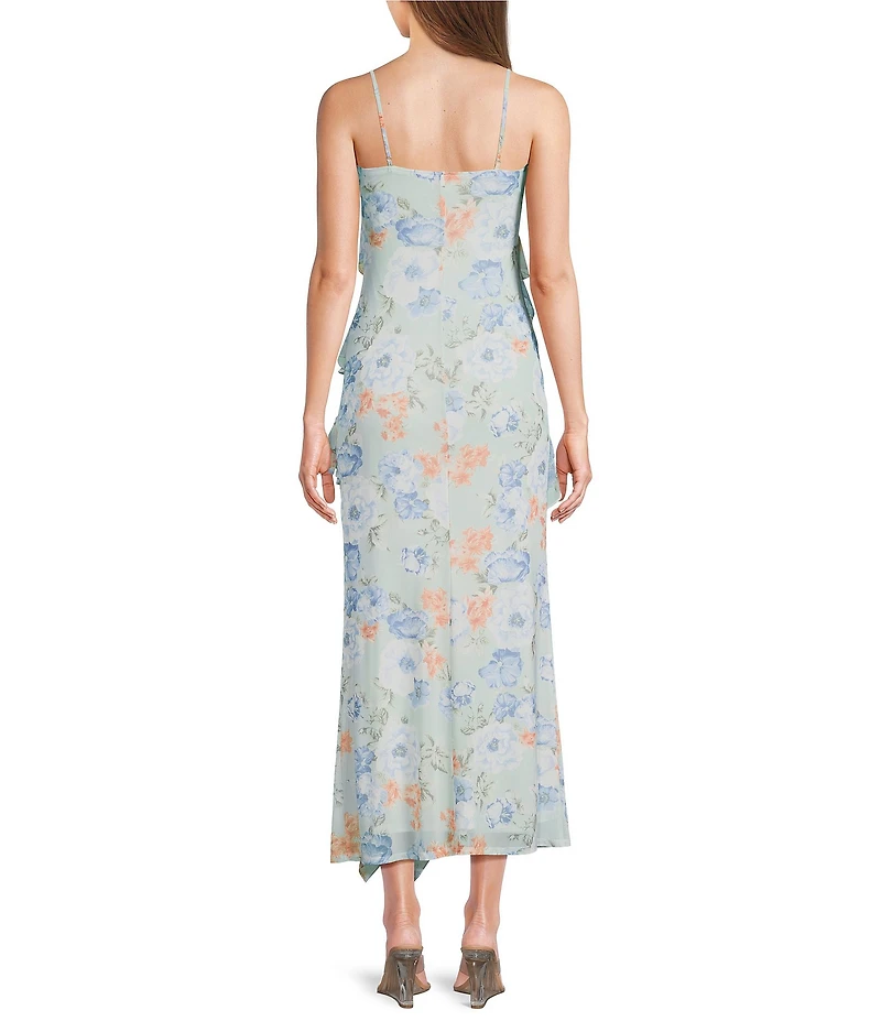 I.N. San Francisco Floral Printed V-Neck Ruffled Maxi Slip Dress