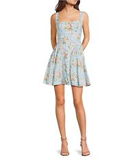 I.N. San Francisco Floral Ribbon Printed Drop Waist Bow Back Dress