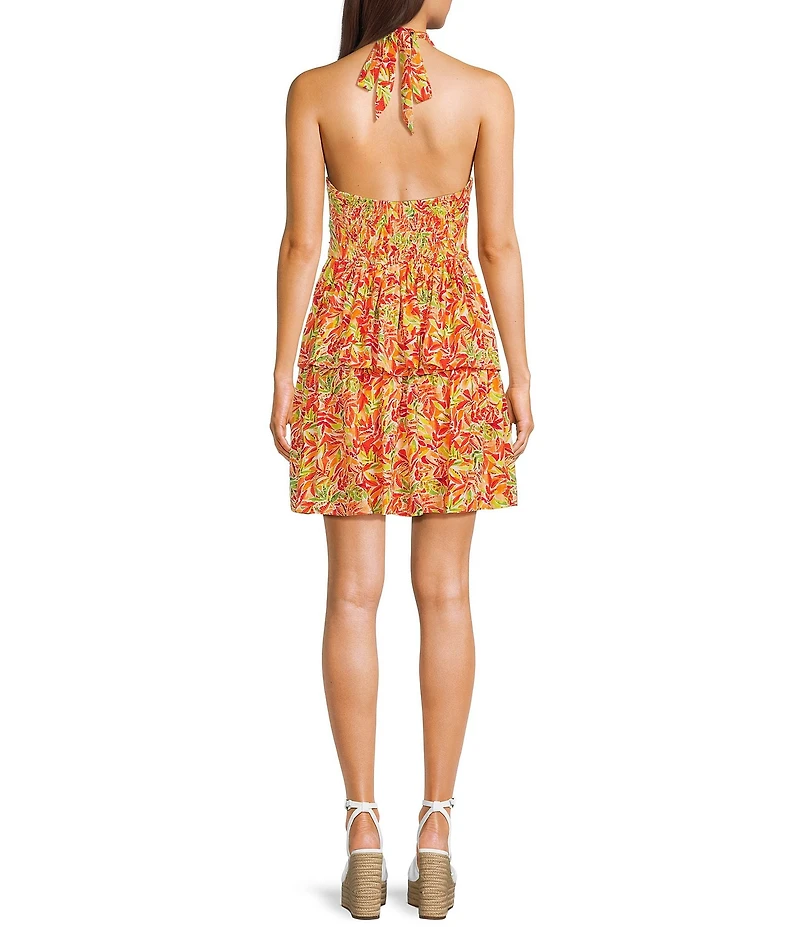 I.N. San Francisco Halter-Neckline/Double-Tier-Skirted Abstract Palm Printed Linen-Blend Dress