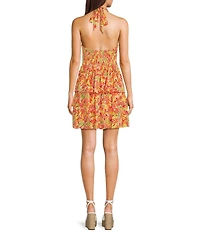 I.N. San Francisco Halter-Neckline/Double-Tier-Skirted Abstract Palm Printed Linen-Blend Dress