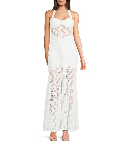 I.N. San Francisco Lace Halter Pinch Front Neck Shirred Ruffled Dress