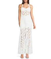 I.N. San Francisco Lace Halter Pinch Front Neck Shirred Ruffled Dress