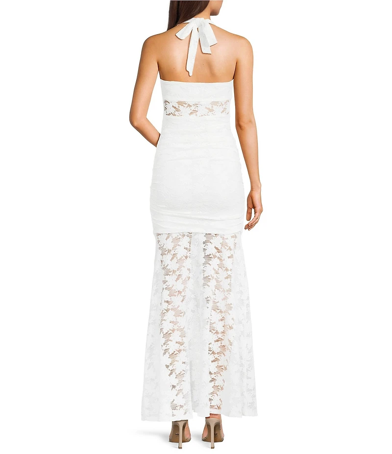 I.N. San Francisco Lace Halter Pinch Front Neck Shirred Ruffled Dress