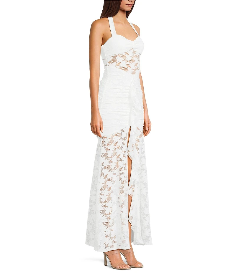 I.N. San Francisco Lace Halter Pinch Front Neck Shirred Ruffled Dress