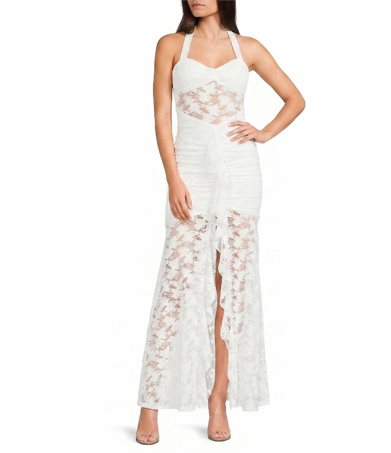 I.N. San Francisco Lace Halter Pinch Front Neck Shirred Ruffled Dress