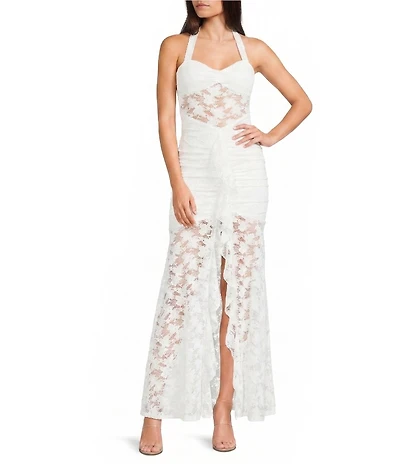 I.N. San Francisco Lace Halter Pinch Front Neck Shirred Ruffled Dress
