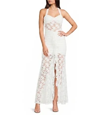 I.N. San Francisco Lace Halter Pinch Front Neck Shirred Ruffled Dress