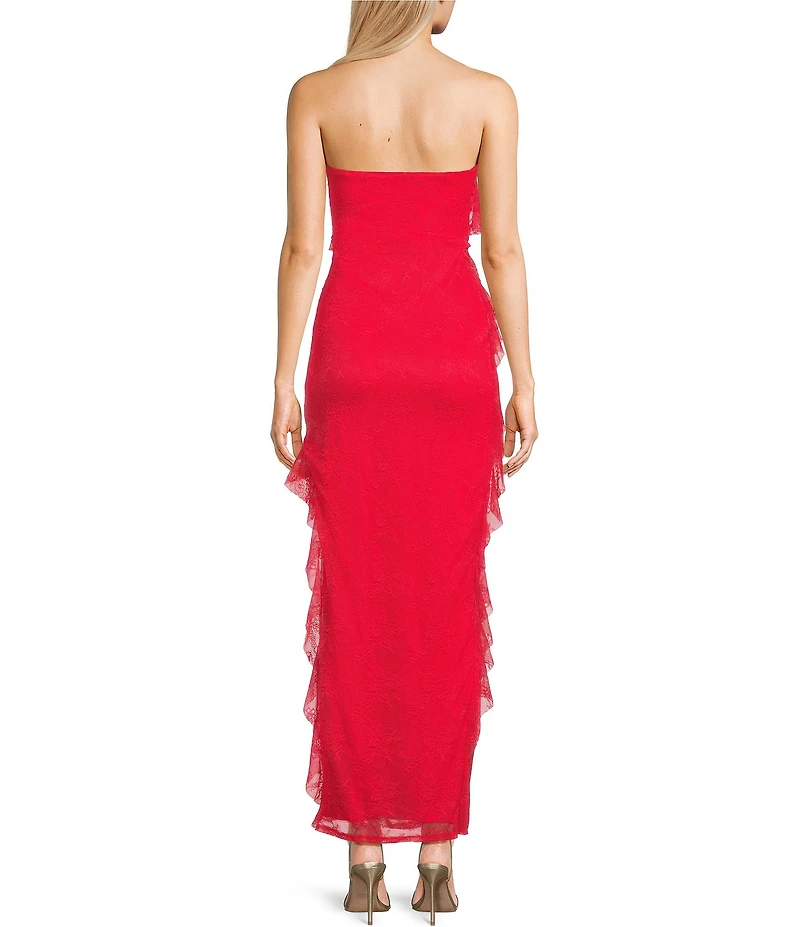 I.N. San Francisco Lace Mesh Strapless Asymmetrical Ruffle Maxi Dress