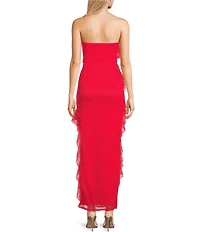I.N. San Francisco Lace Mesh Strapless Asymmetrical Ruffle Maxi Dress