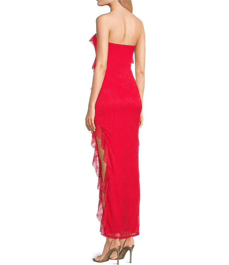 I.N. San Francisco Lace Mesh Strapless Asymmetrical Ruffle Maxi Dress