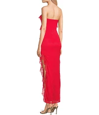I.N. San Francisco Lace Mesh Strapless Asymmetrical Ruffle Maxi Dress