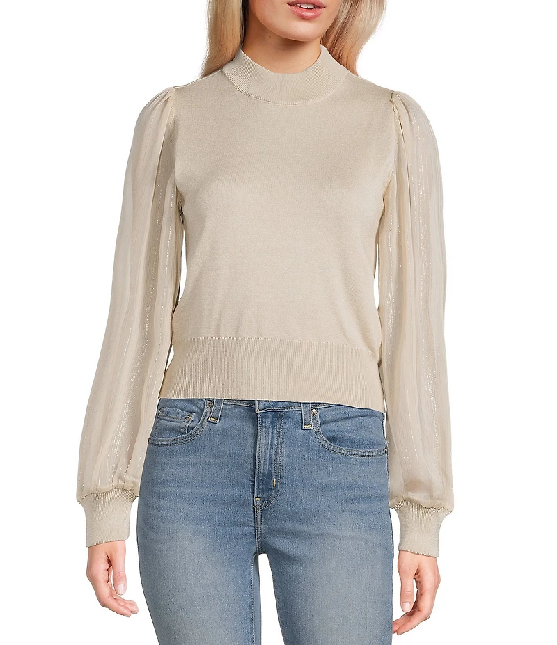 I.N. San Francisco Metallic Mock Neck Long Puff Sleeve Sweater
