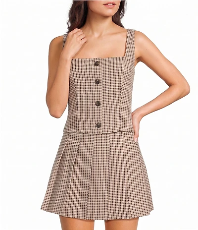 I.N. San Francisco Plaid Square Neck Button Front Cropped Coordinating Vest