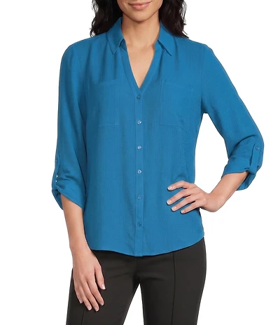 I.N. San Francisco Point Collar 3/4 Sleeve Button Front Top