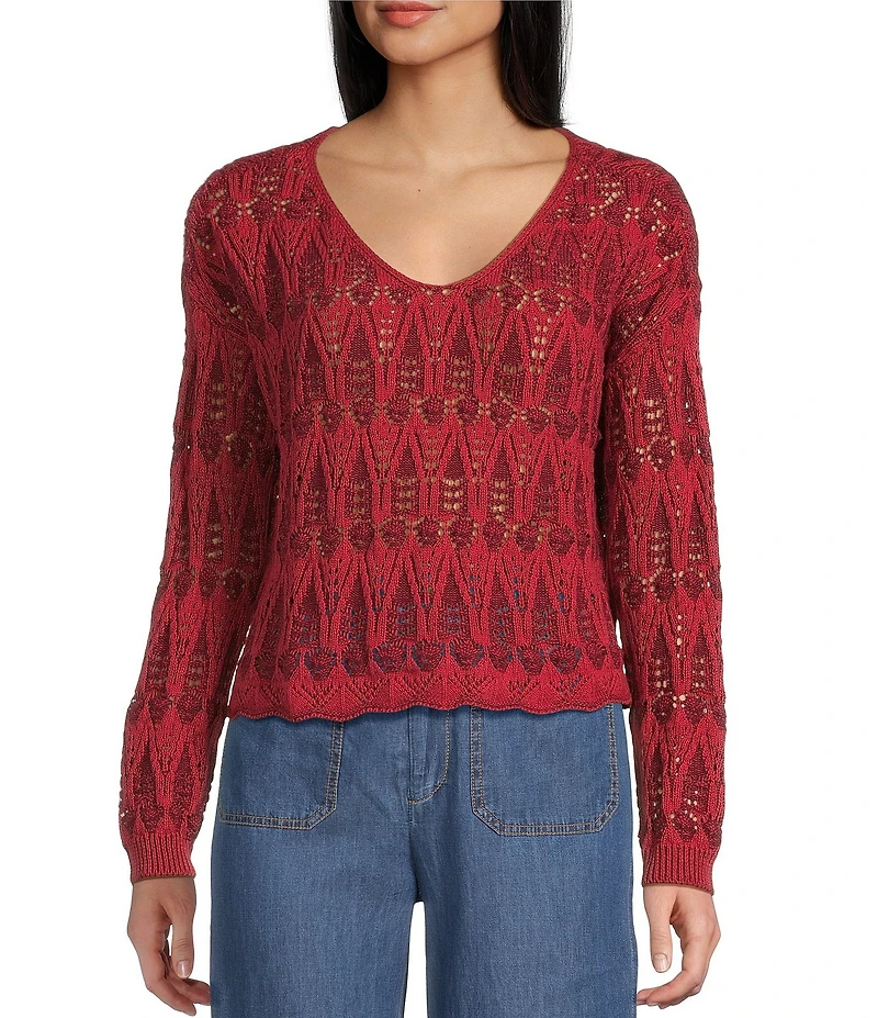 I.N. San Francisco Pointelle V-Neck Long Sleeve Scallop Hem Sweater