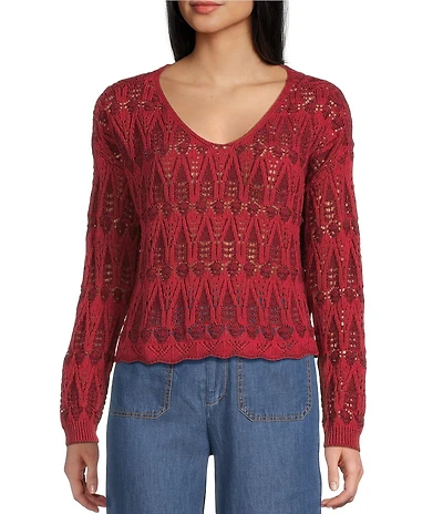 I.N. San Francisco Pointelle V-Neck Long Sleeve Scallop Hem Sweater