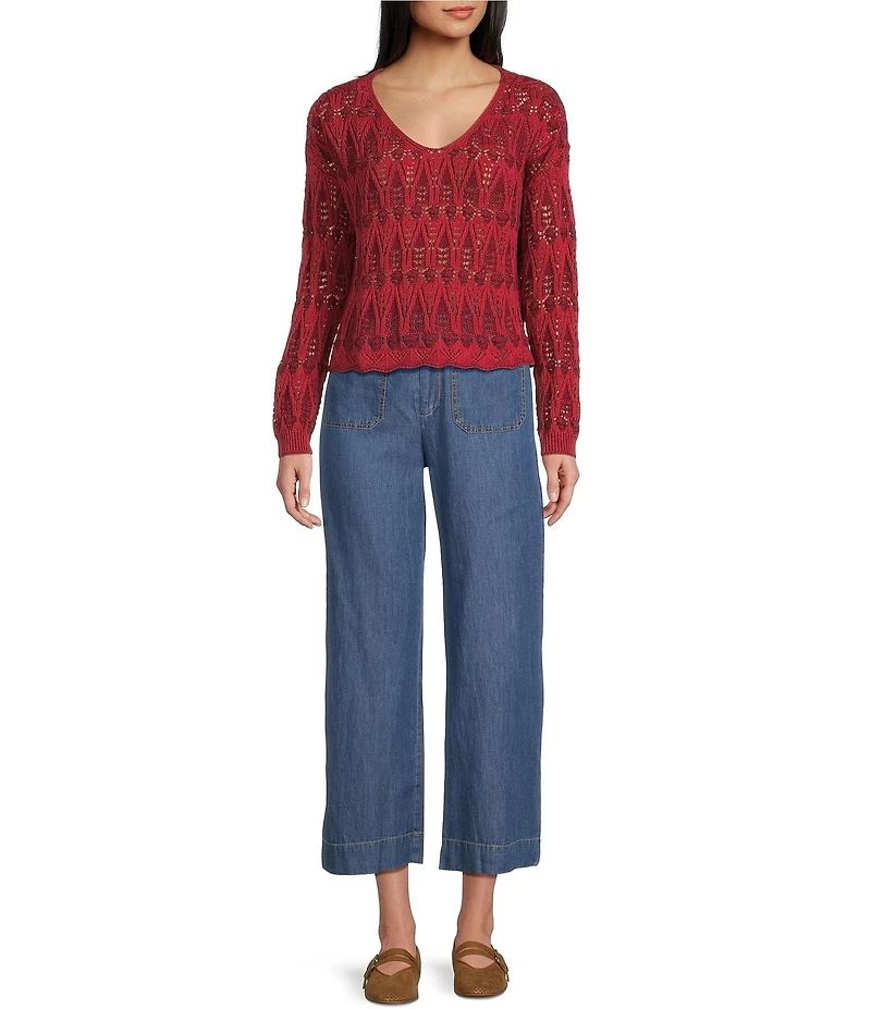 I.N. San Francisco Pointelle V-Neck Long Sleeve Scallop Hem Sweater