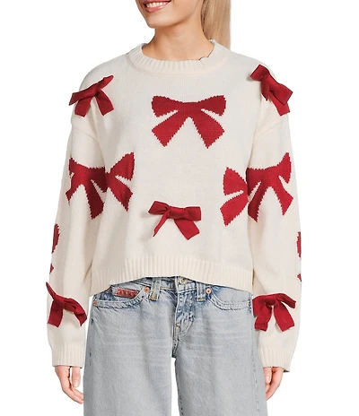 I.N. San Francisco Printed 3D Bow Crew Neck Long Sleeve Sweater