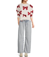 I.N. San Francisco Printed 3D Bow Crew Neck Long Sleeve Sweater