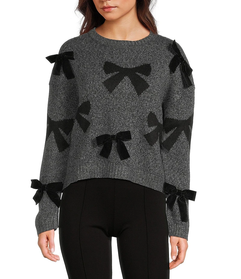 I.N. San Francisco Printed 3D Bow Crew Neck Long Sleeve Sweater