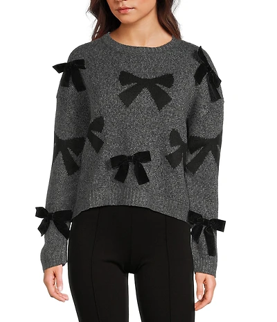 I.N. San Francisco Printed 3D Bow Crew Neck Long Sleeve Sweater
