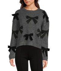 I.N. San Francisco Printed 3D Bow Crew Neck Long Sleeve Sweater