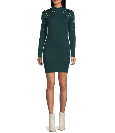 I.N. San Francisco Rhinestone Pearl Long Sleeve Sweater Dress