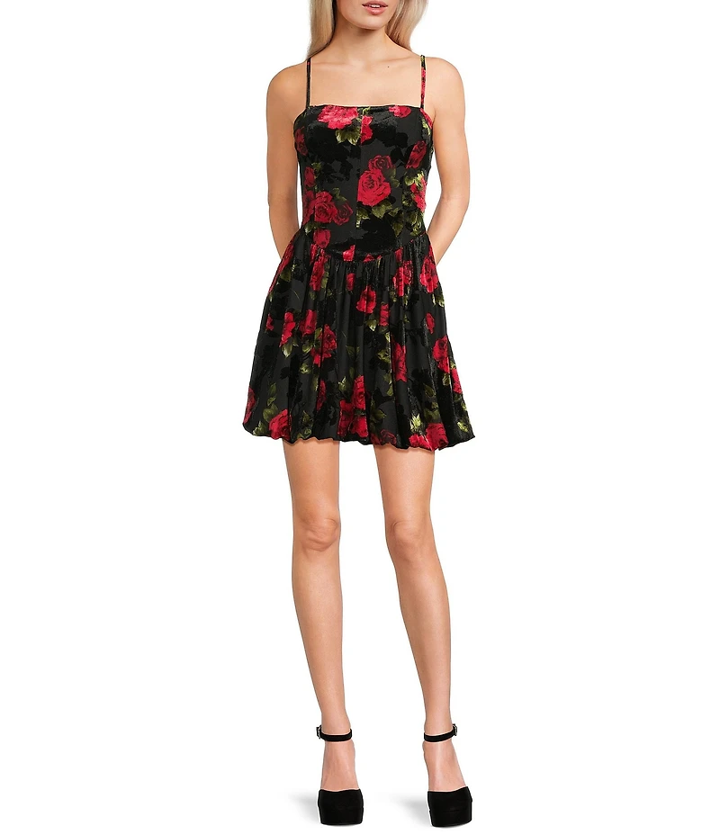 I.N. San Francisco Rose Printed Princess Seam Bubble Skirt Mini Dress