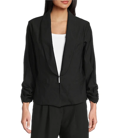 I.N. San Francisco Round Lapel 3/4 Shirred Sleeve One Button Blazer