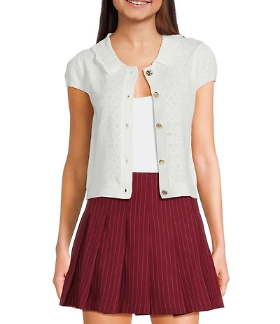 I.N. San Francisco Ruffle Collar Short Puff Sleeve Sweater Cardigan