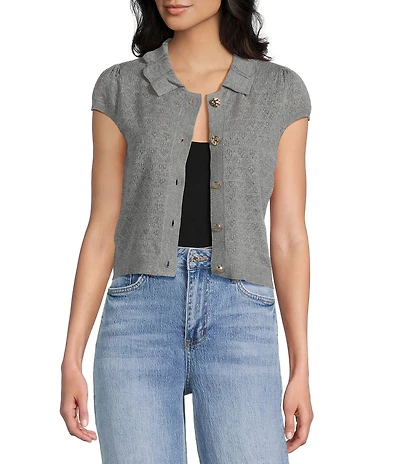 I.N. San Francisco Ruffle Collar Short Puff Sleeve Sweater Cardigan